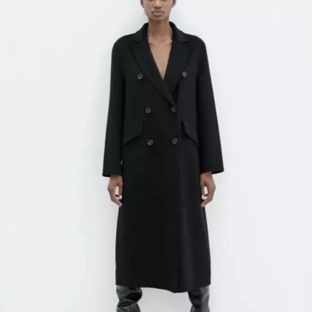 Zara Long Wool Blend Double Breasted Long Coat in Black